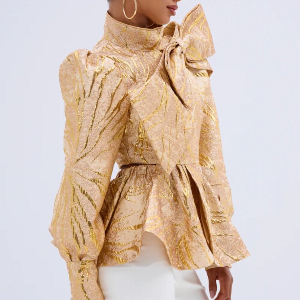 AKIRA Shimmering Gold Jacket with Bow SIZE XL. EUC